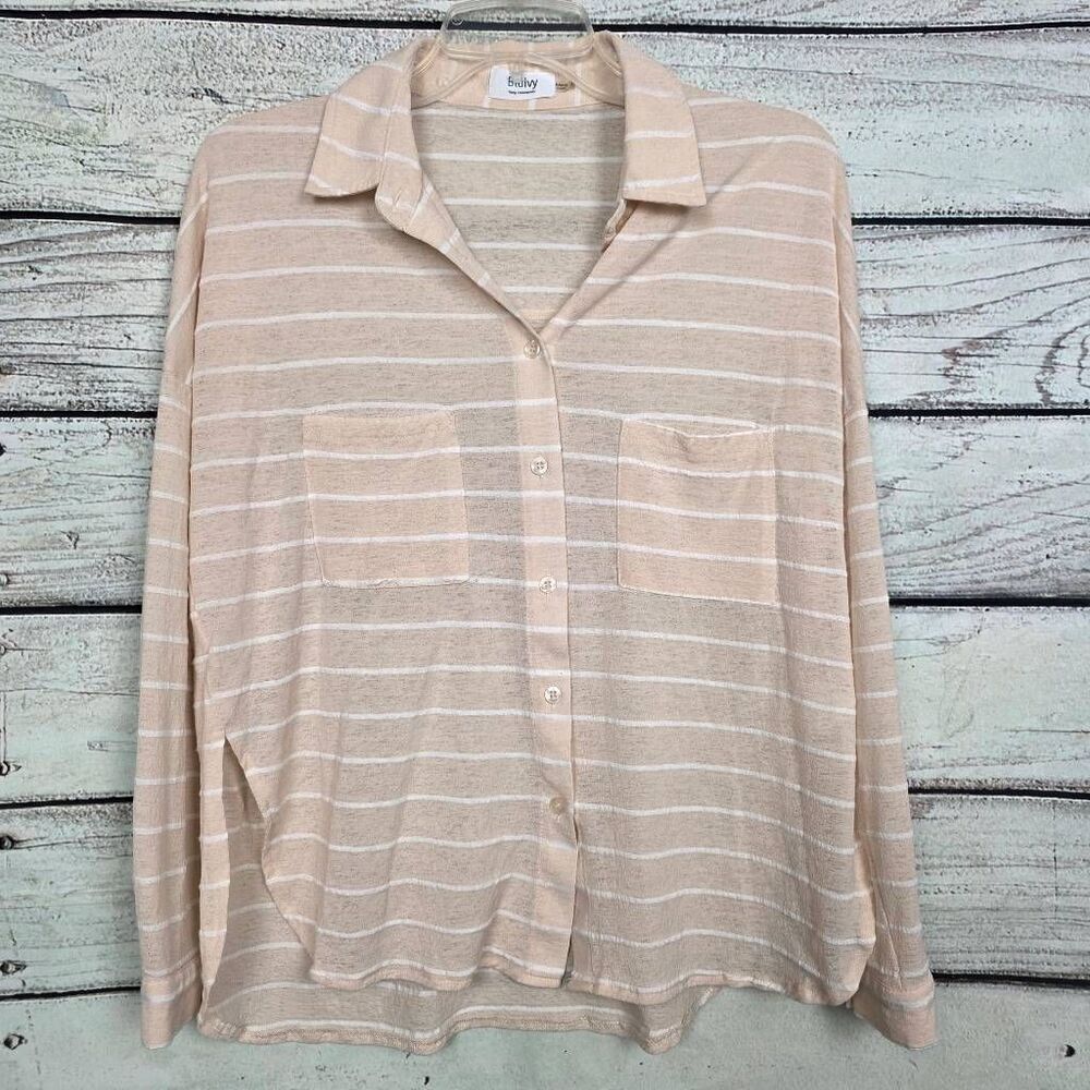 Bluivy S Beige White Striped Button Down Shirt